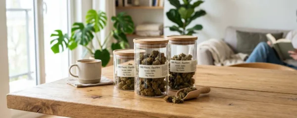 Plusieurs bocaux en verre transparent contenant différentes variétés de fleurs de CBD disposés sur une table en bois clair, éclairés par une lumière naturelle douce