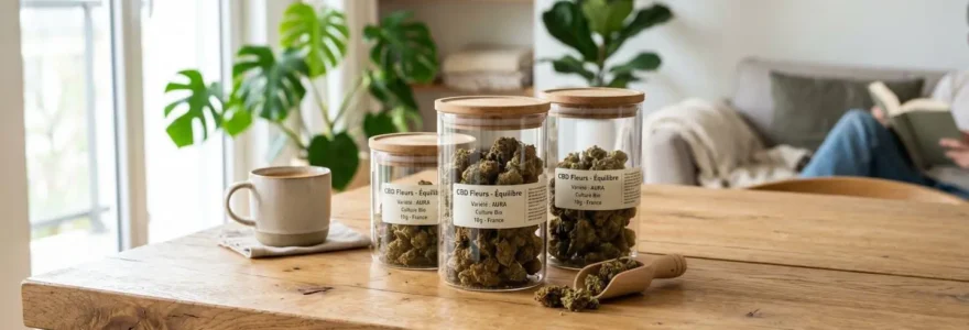 Plusieurs bocaux en verre transparent contenant différentes variétés de fleurs de CBD disposés sur une table en bois clair, éclairés par une lumière naturelle douce