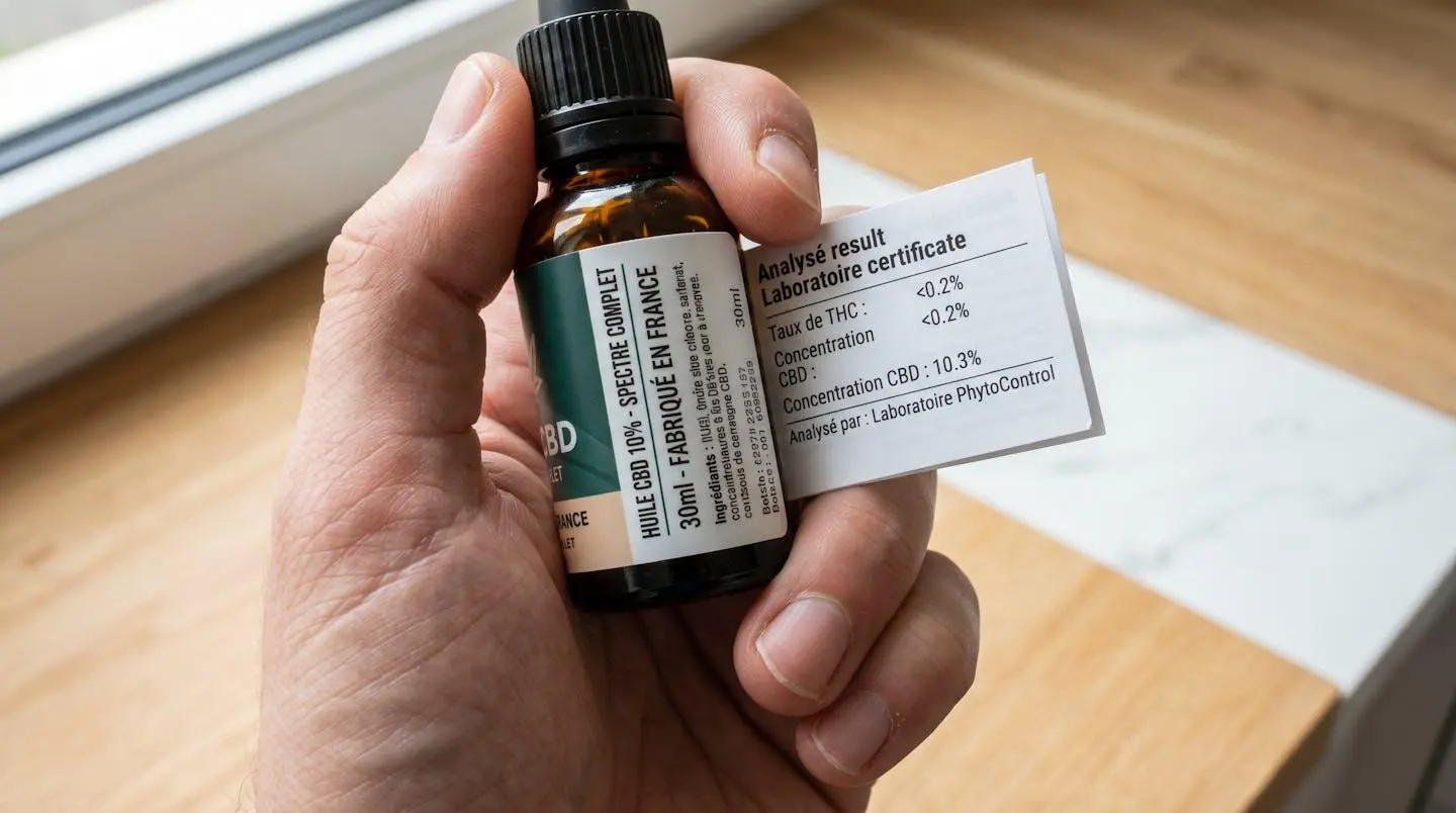 Une main tenant une petite étiquette de produit CBD avec un certificat d'analyse partiellement visible mentionnant les taux de cannabinoïdes et terpènes
