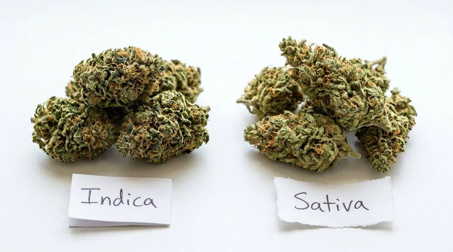 Plusieurs petits tas de fleurs de CBD disposés côte à côte sur une surface blanche avec de petites étiquettes manuscrites Indica et Sativa